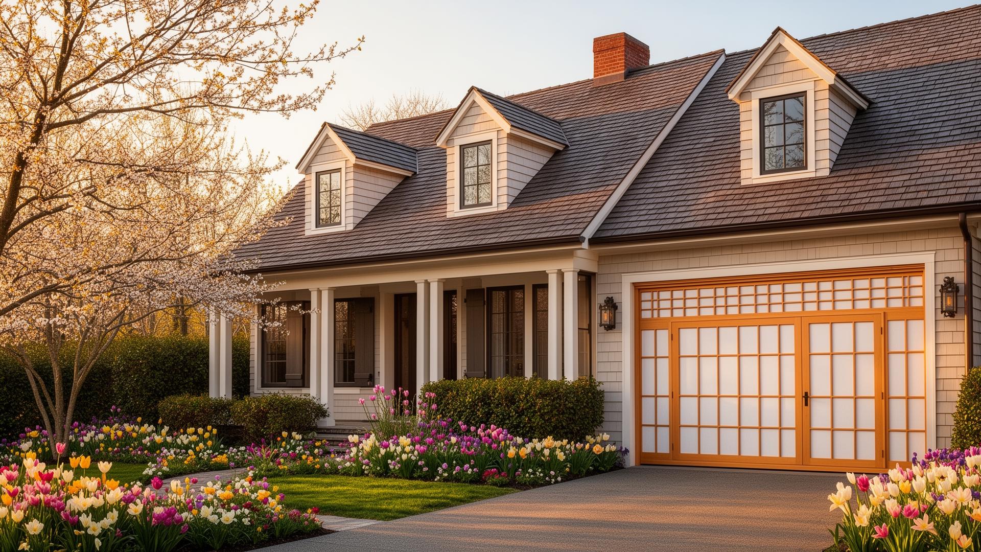 Beautiful Cape Cod home with Asian-inspired garage door featuring shoji screen panels
